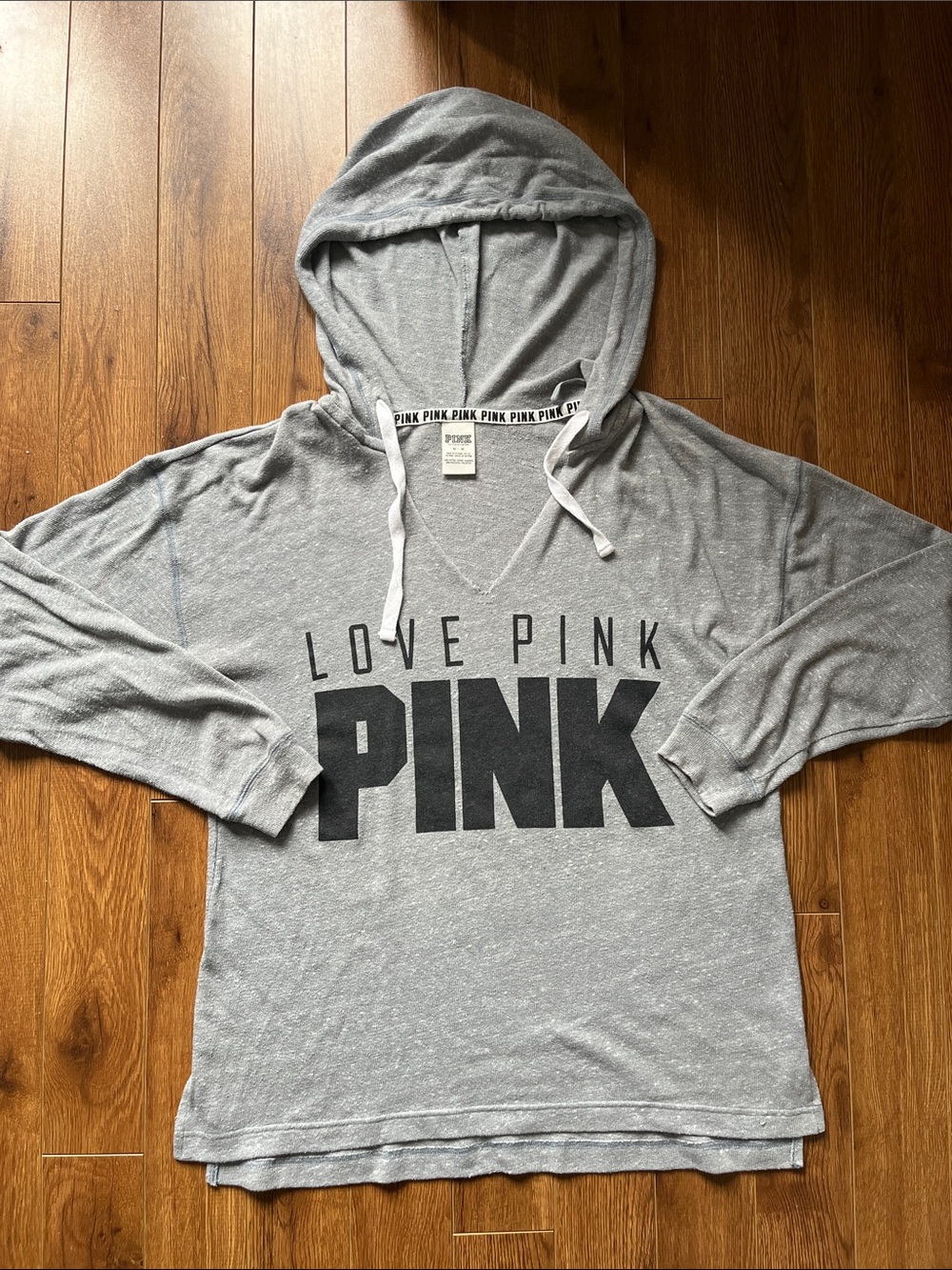 PINK Victoria's Secret Gray Pullover Hoodie with Black Logo Trim